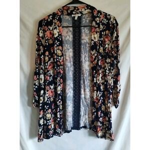 Maurices Navy Floral Light Weight Open Front Cardigan W/ Lace Strip Back Size M